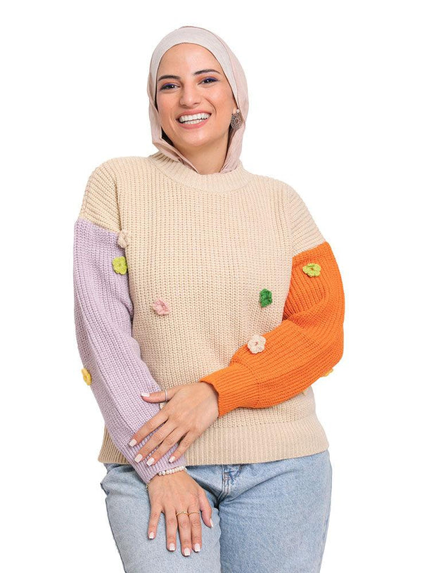 Orange*Lilac Flower Pullover - Khotwh