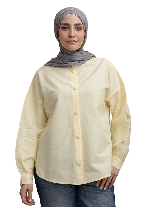 Pastel Yellow Embroidered Poplin Shirt - Khotwh
