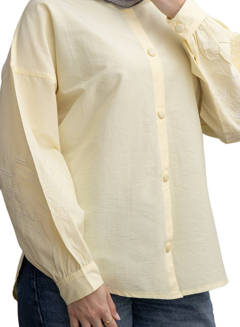 Pastel Yellow Embroidered Poplin Shirt - Khotwh