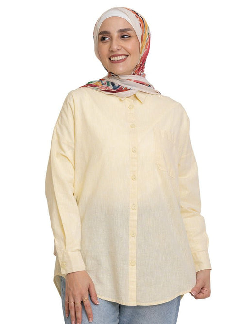 Pastel Yellow Pocket Over Size Linen Shirt - Khotwh