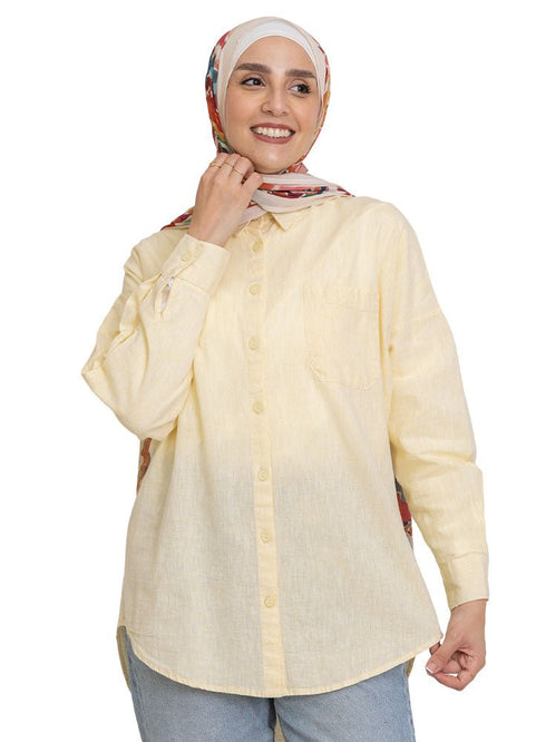 Pastel Yellow Pocket Over Size Linen Shirt - Khotwh