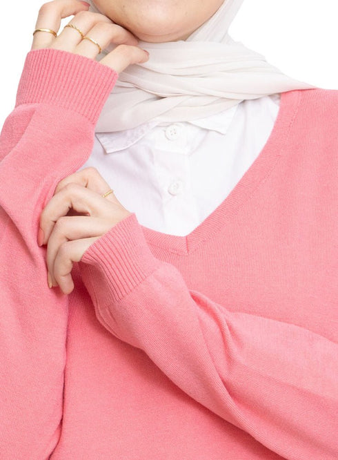 Pink V - Neck Knit Pullover - Khotwh