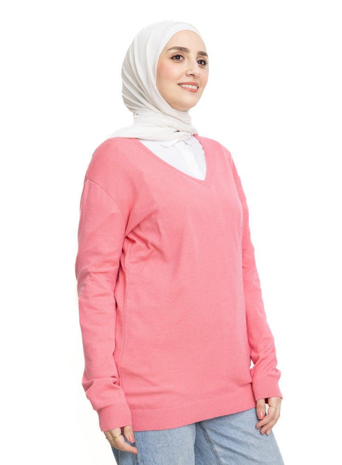 Pink V - Neck Knit Pullover - Khotwh