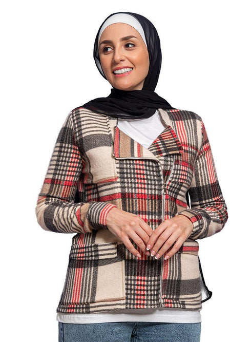Red Zipper Checkered Jacket - Khotwh