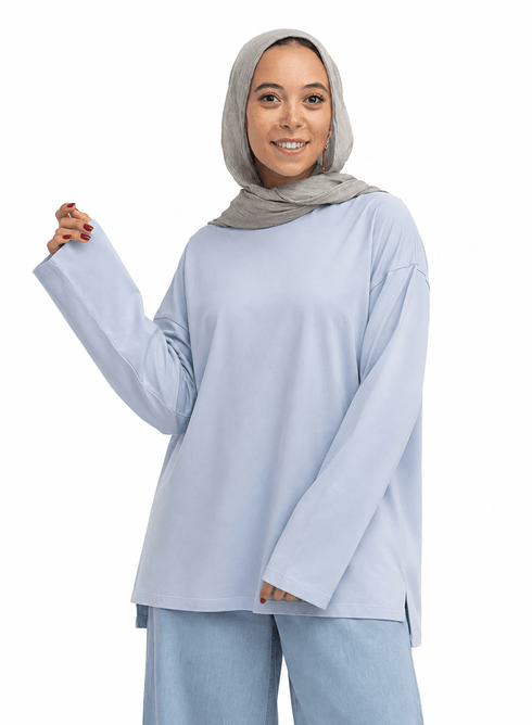 Sky Blue V-Over Size Long-Sleeve - Khotwh