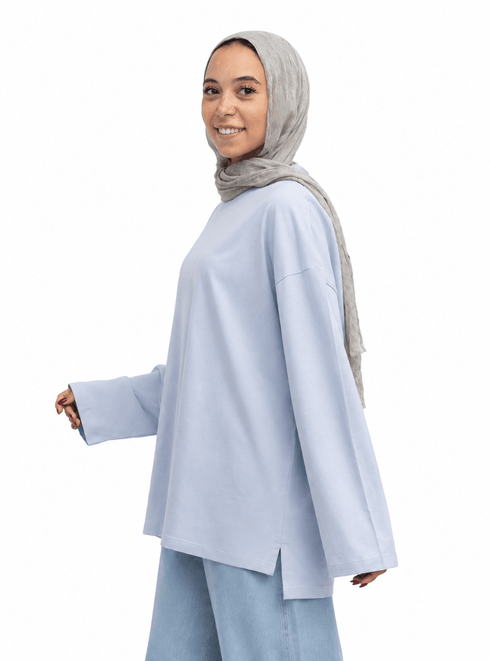 Sky Blue V-Over Size Long-Sleeve - Khotwh