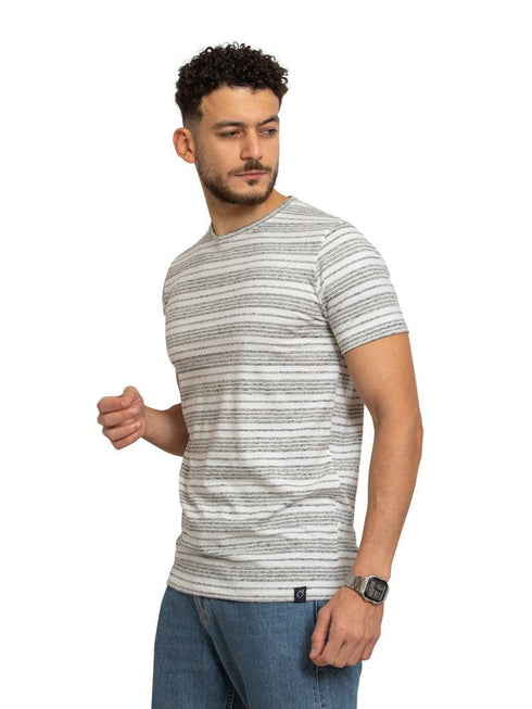 Stria Grey Striped Round T-shirt - Khotwh