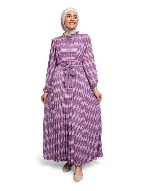 Striped - Mouve Pleated Dress - Khotwh