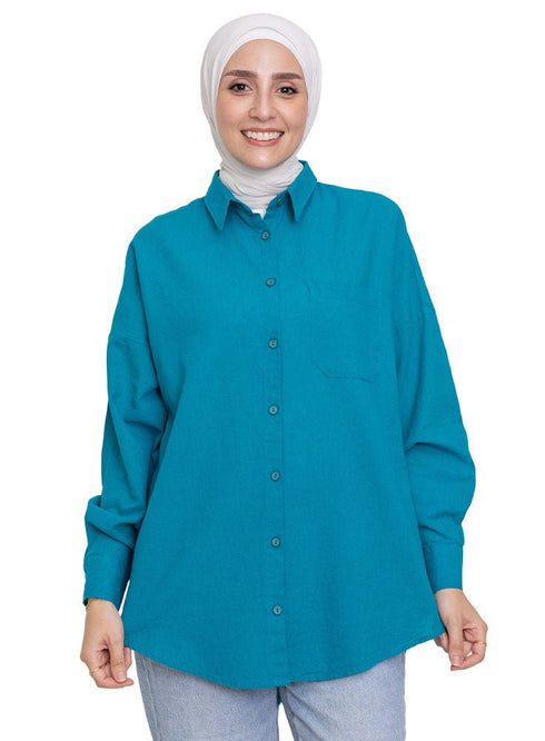 Tile Blue Linen Pocket Over Size Shirt - Khotwh