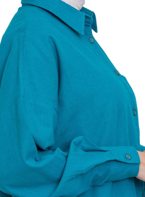 Tile Blue Linen Pocket Over Size Shirt - Khotwh