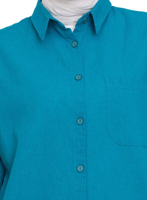 Tile Blue Linen Pocket Over Size Shirt - Khotwh