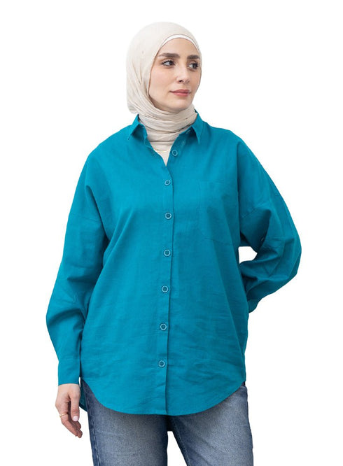 Tile Blue Pocket Over Size Linen Shirt - Khotwh
