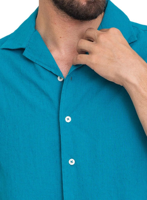 Tile Blue Tennis Collar Linen Shirt - Khotwh