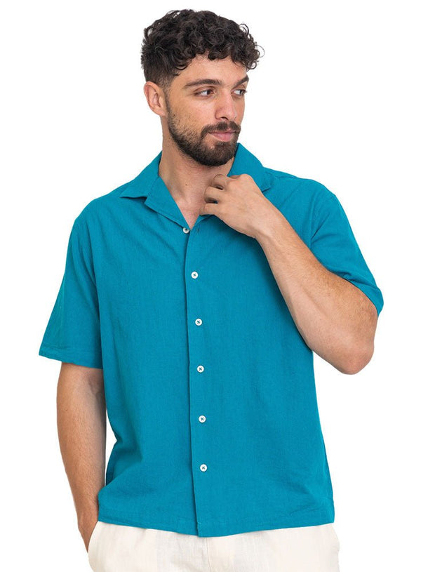 Tile Blue Tennis Collar Linen Shirt - Khotwh