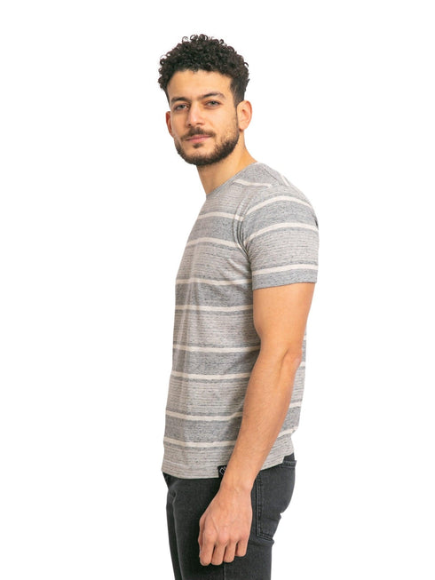 W - Grey Striped Round T-shirt - Khotwh