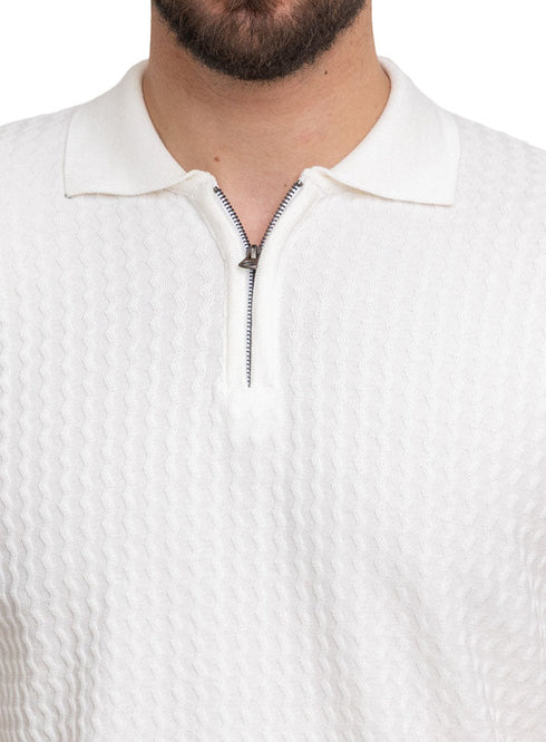 White Design 01011Knit Polo Neck Zipper - T-Shirt - Khotwh