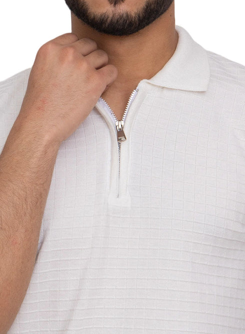 White Design 01053Knit Polo Neck Zipper - T-Shirt - Khotwh