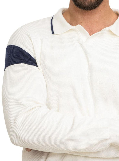 White F - Striped Polo Neck Pullover Design 1 - Khotwh