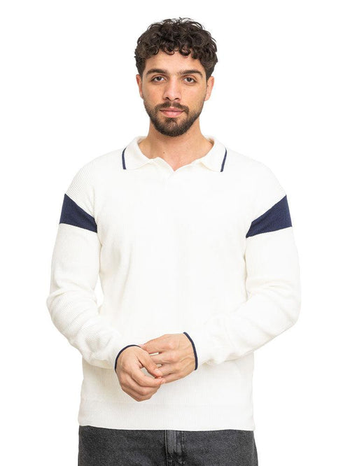 White F - Striped Polo Neck Pullover Design 1 - Khotwh
