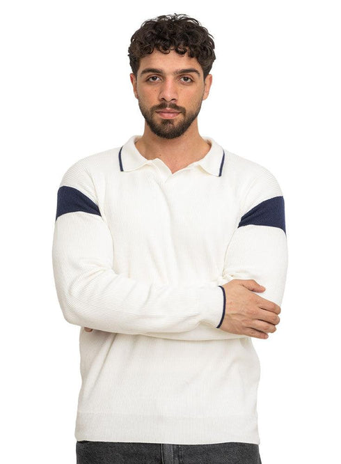 White F - Striped Polo Neck Pullover Design 1 - Khotwh
