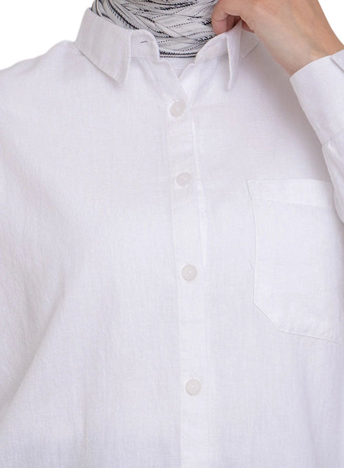 White Pocket Over Size Linen Shirt - Khotwh