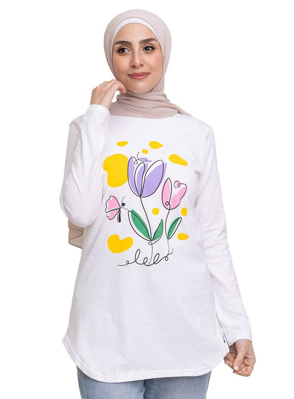 White Printed Long - Sleeve Design 24 - Khotwh
