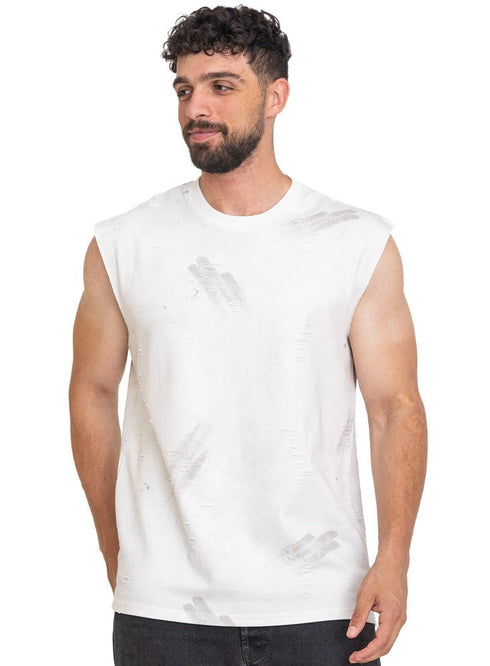 White Printed Sleeveless T-Shirt - Khotwh