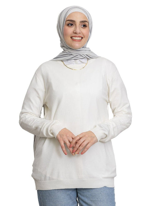 White Round Knit Pullover - Khotwh