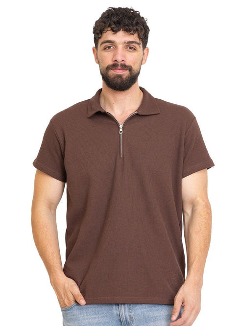 Wood Zipper Squares Polo Neck T-Shirt - Khotwh