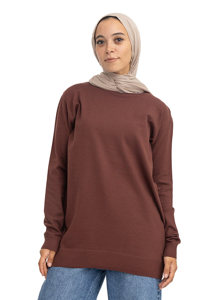 Brown Round Knit Pullover