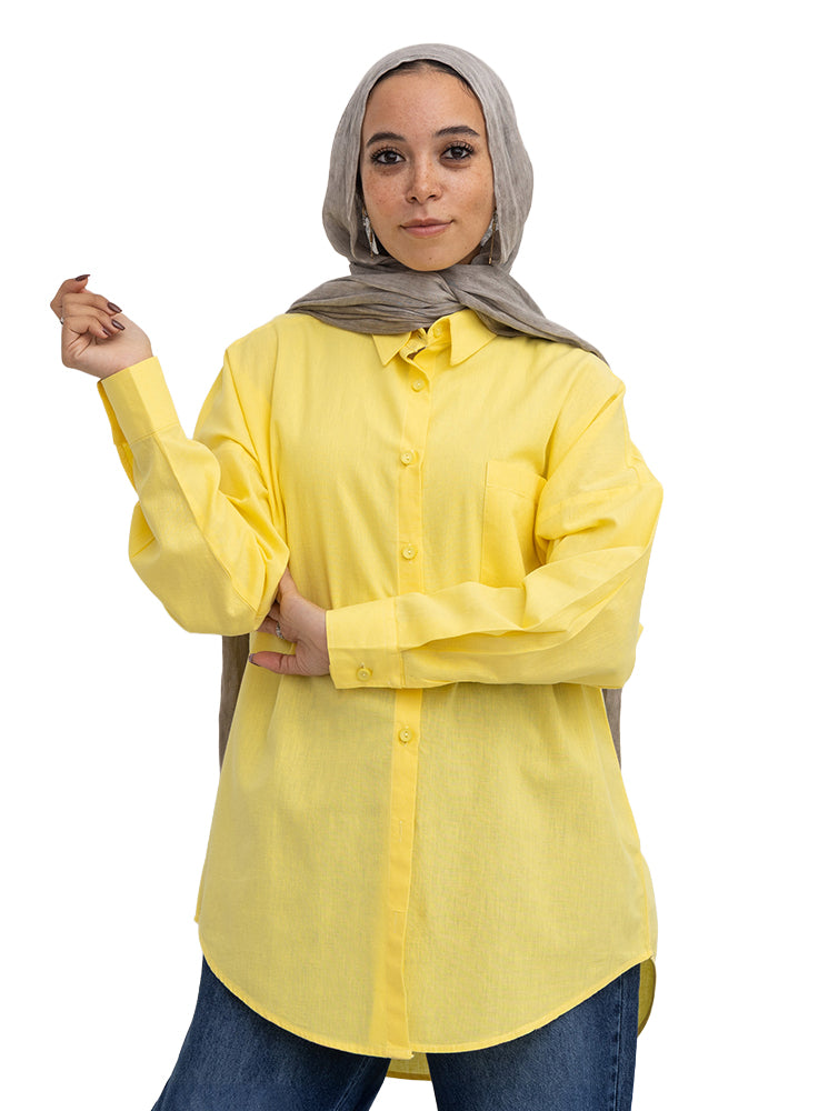 Cyber Yellow Pocket Over Size Linen Shirt