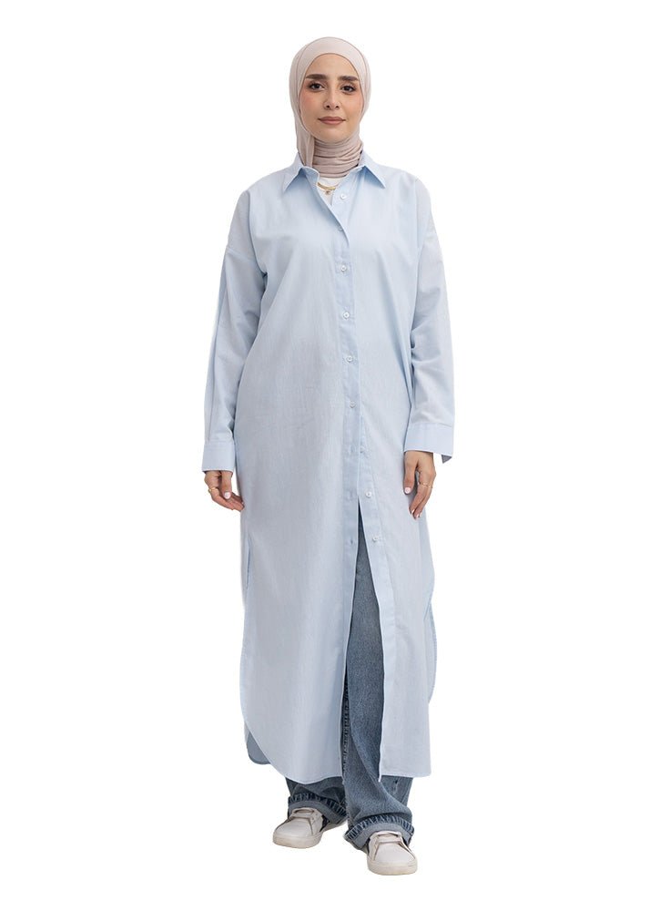 Baby Blue Curved Linen Long Shirt