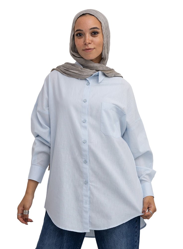 Baby Blue Pocket Over Size Linen Shirt