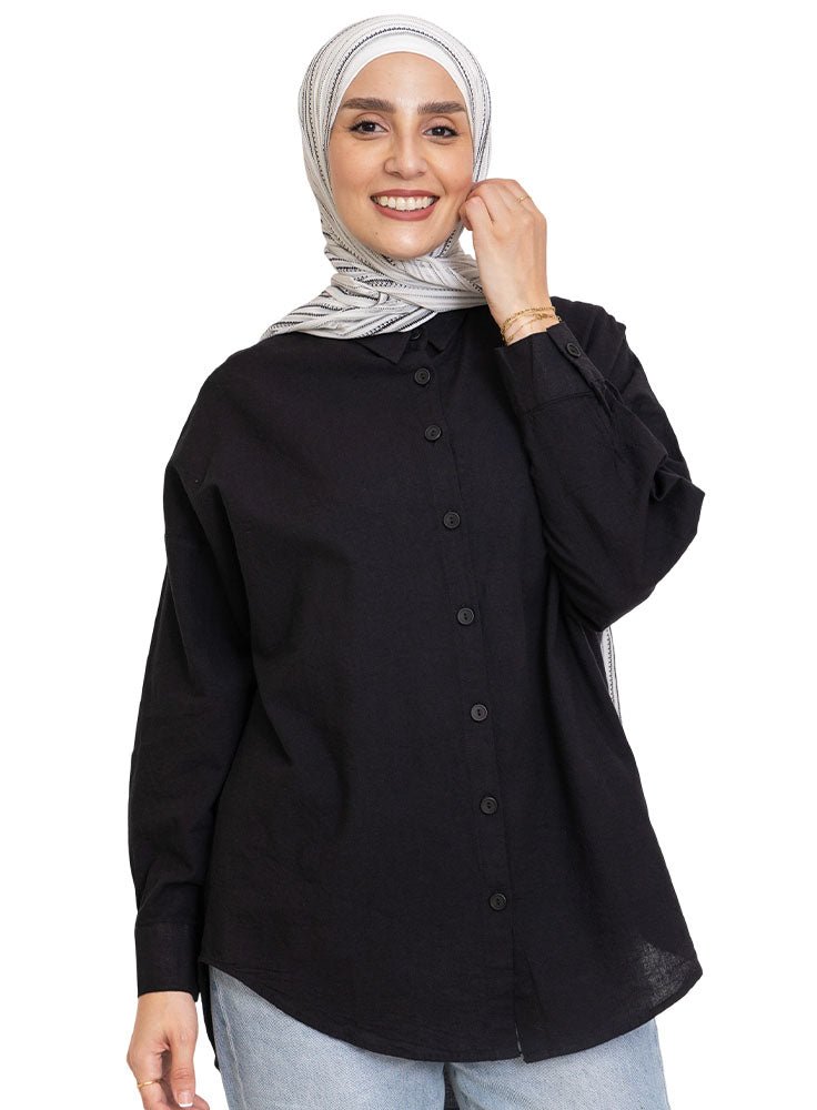 Black Pocket Over Size Linen Shirt