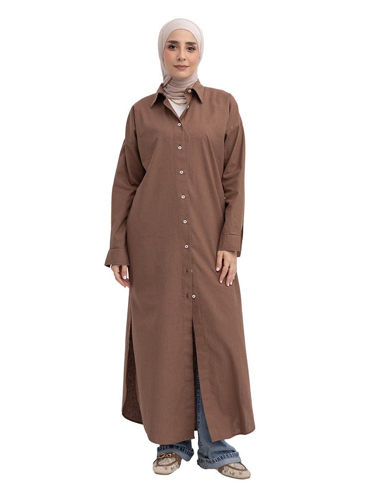 Chocolate Curved Linen Long Shirt