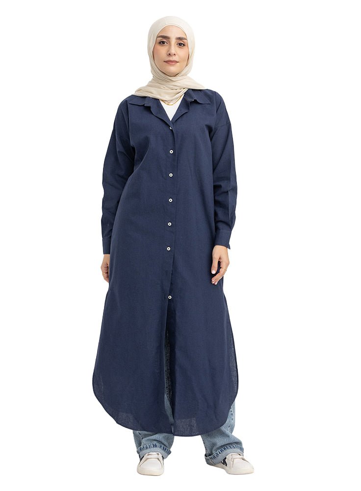 Indigo Curved Linen Long Shirt